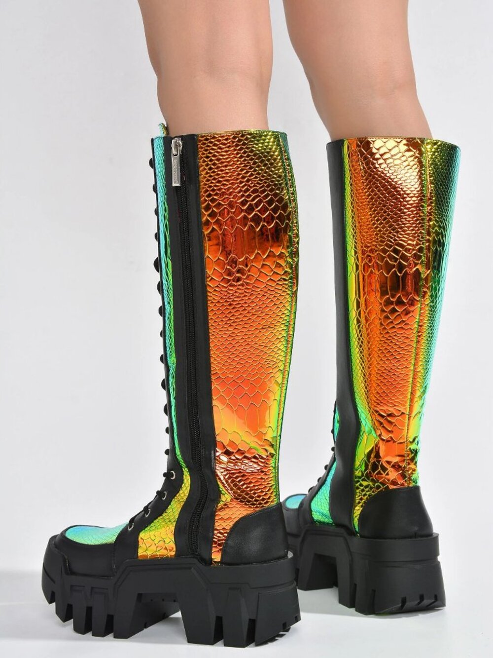 New Iridescent Lace-Up Knee High Moto Combat Boots Lug Sole Platform Block Heel - Picture 4 of 4